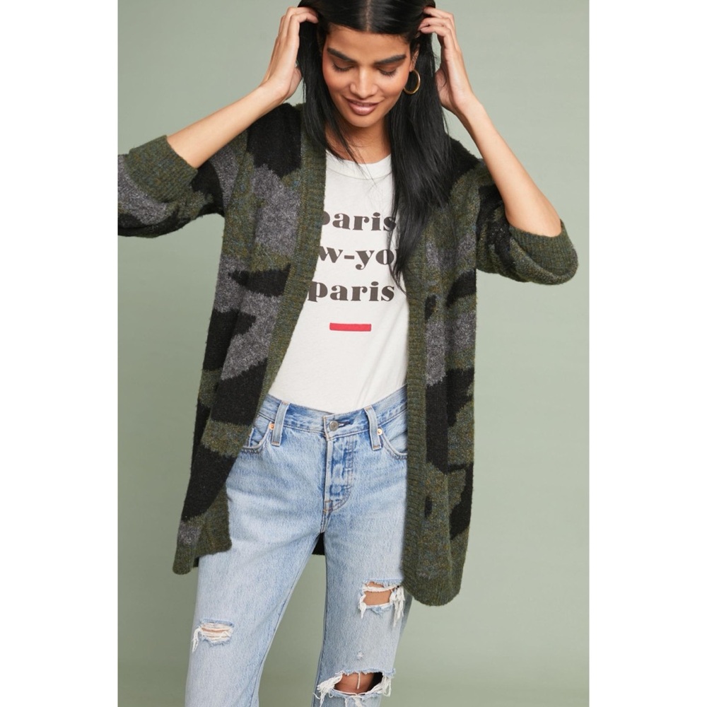 MOTH ANTHROPOLOGIE Green Camo Long Sleeve Open Front Cardigan M - Picture 2 of 13